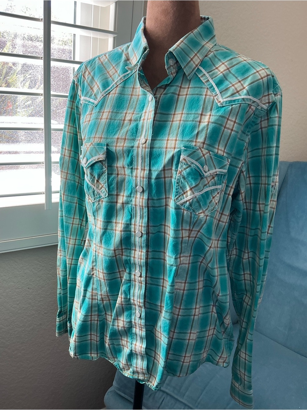 Rough Stock Panhandle Slim Turquoise Plaid Snap-Down Western Shirt